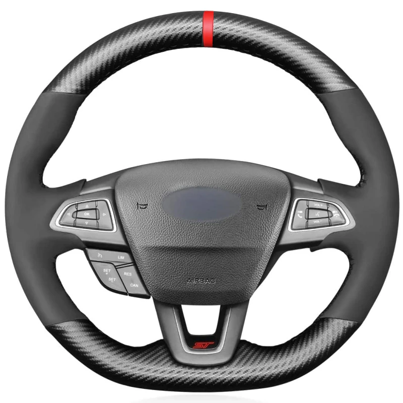 Black Suede Carbon Fiber Leather Steering Wheel Cover For Ford Focus RS ST ST-Line Kuga Ecosport 2015 2016 2017 2018-2020