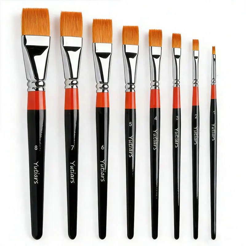 8Pcs Flat Nylon Hair Painting Brushes Set Portable Lightweight for Watercolor Acrylic Oil Gouache Hobby Painters & Kids