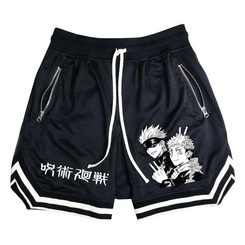 Basketball Shorts Men Striped Running Sport Gym Anime Jujutsu Kaisen Shorts Mesh Breathable Fitness Training Workout Bottom Male