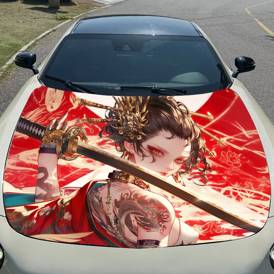 Cool Tattoo Geisha Auto-Vinylfolie, wasserdichter PVC-Autohaubenaufkleber, selbstklebende, kratzfeste Aufkleber für die Motorabdeckung, C