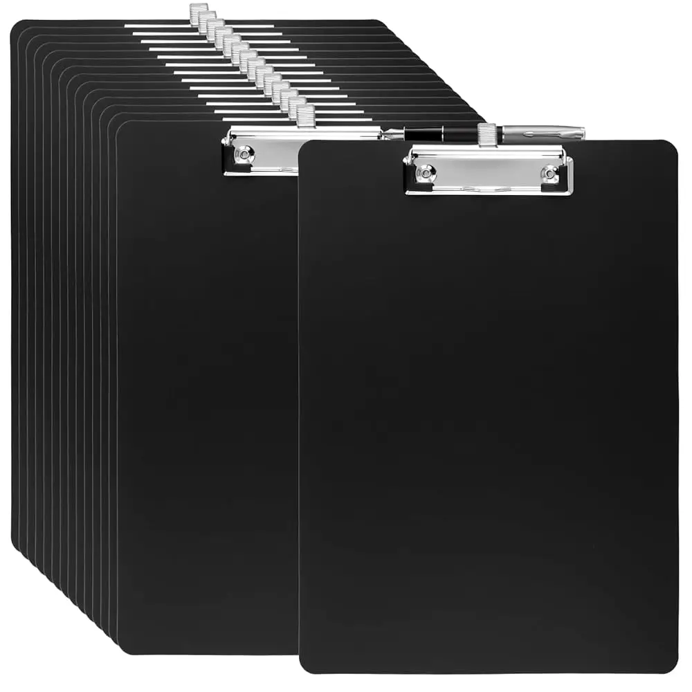 

15 Pack A4 Black Clipboard, Plastic Clip Board with A Insertable Pen Spring Coil, Clipboards Bulk for Classrooms, Offices