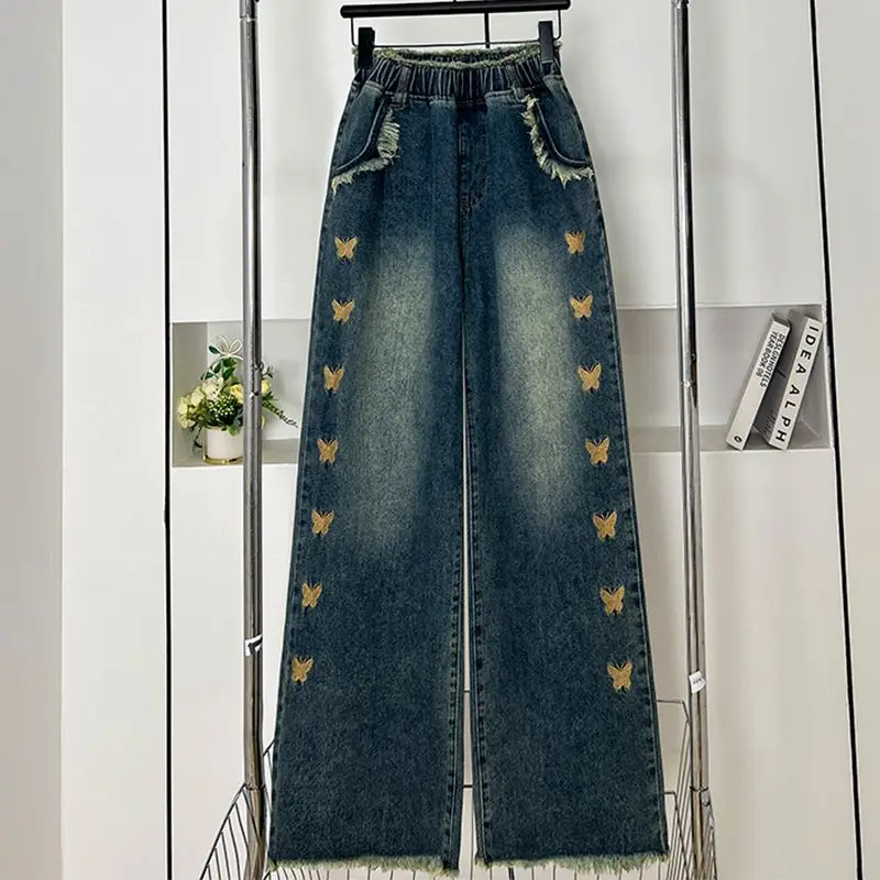 Plus Size 3XL Fat Fleece Jeans For Women Straight Trousers Wide Leg Loose Fit Tight Elastic Waist Slimming For Women Denim Pants