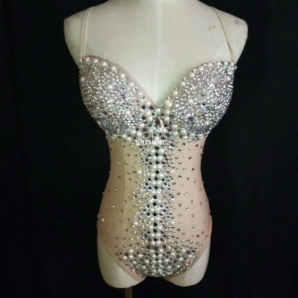 Fato sexy transparente feminino com strass, vestido luxuoso de pérolas, traje de performance de palco, sessão fotográfica de aniversário, cantora