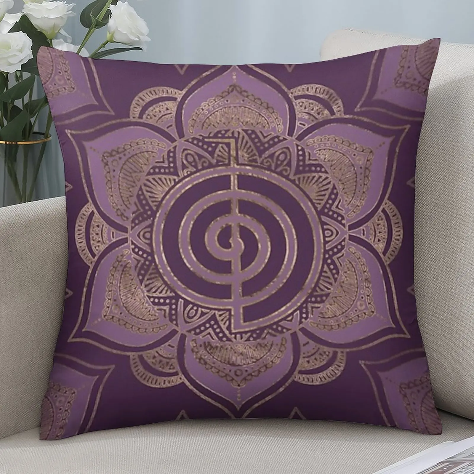 1pc Reiki Cho Ku Rei Mandala Pillow Cover, Polyester 2D Double-Sided Print, Purple Gold Energy Symbol Art, Spiritual Home & Car