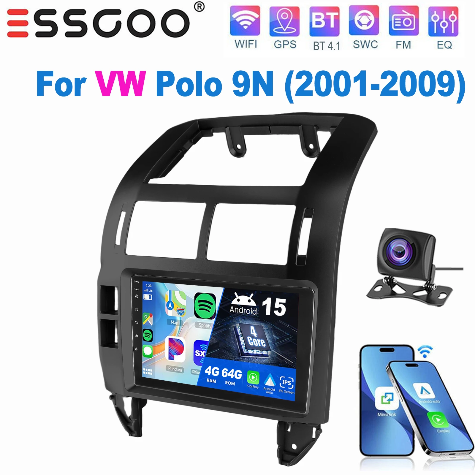 ESSGOO 9 Inch IPS Touchscreen Voor VW Polo 9N 2001-2009 Autoradio Apple Carplay Android Auto GPS Navigatie WIFI FM Stuurwielbediening RDS Android 15 Mirror Link Bluetooth ASP Geluid Split Screen