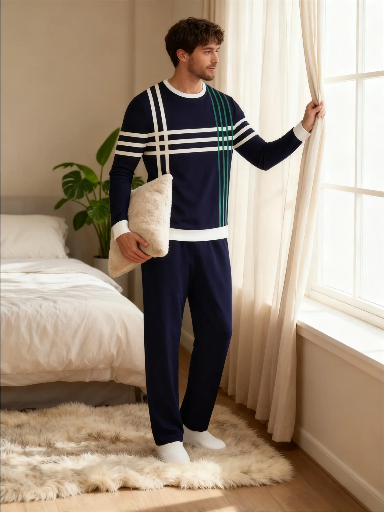 طقم بغطاء للرأس عصري مطبوع رقميًا للرجال مكون من قطعتين