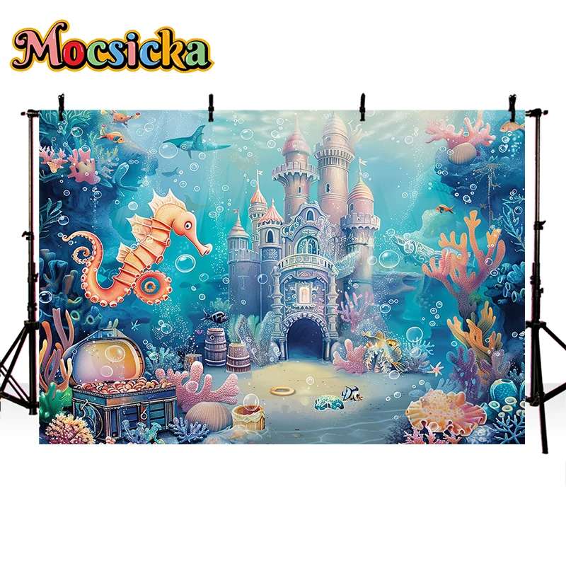 Mocsicka Photography Background Summer Mermaid Ocean Castle Kids Birthday Party Cake Smash Decor Backdrop Photo Studio