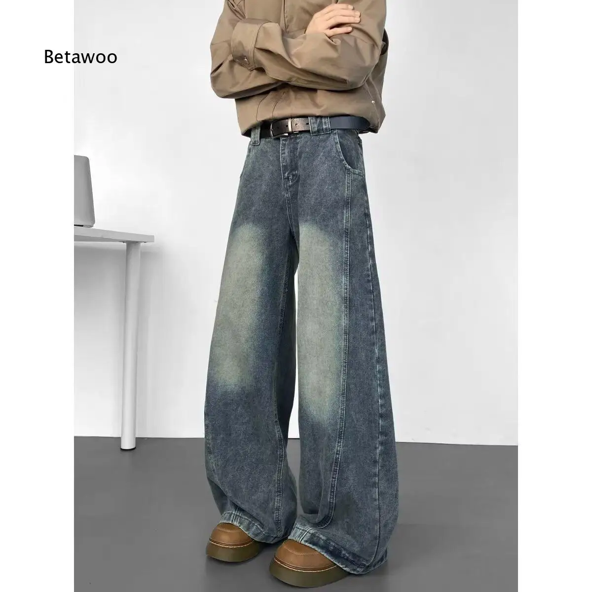 Men Vintage Gradient Washed Wide Leg Jeans Relaxed Denim Fabric Pants Classic Waist Belt Loop Structure For Multiple Scenes