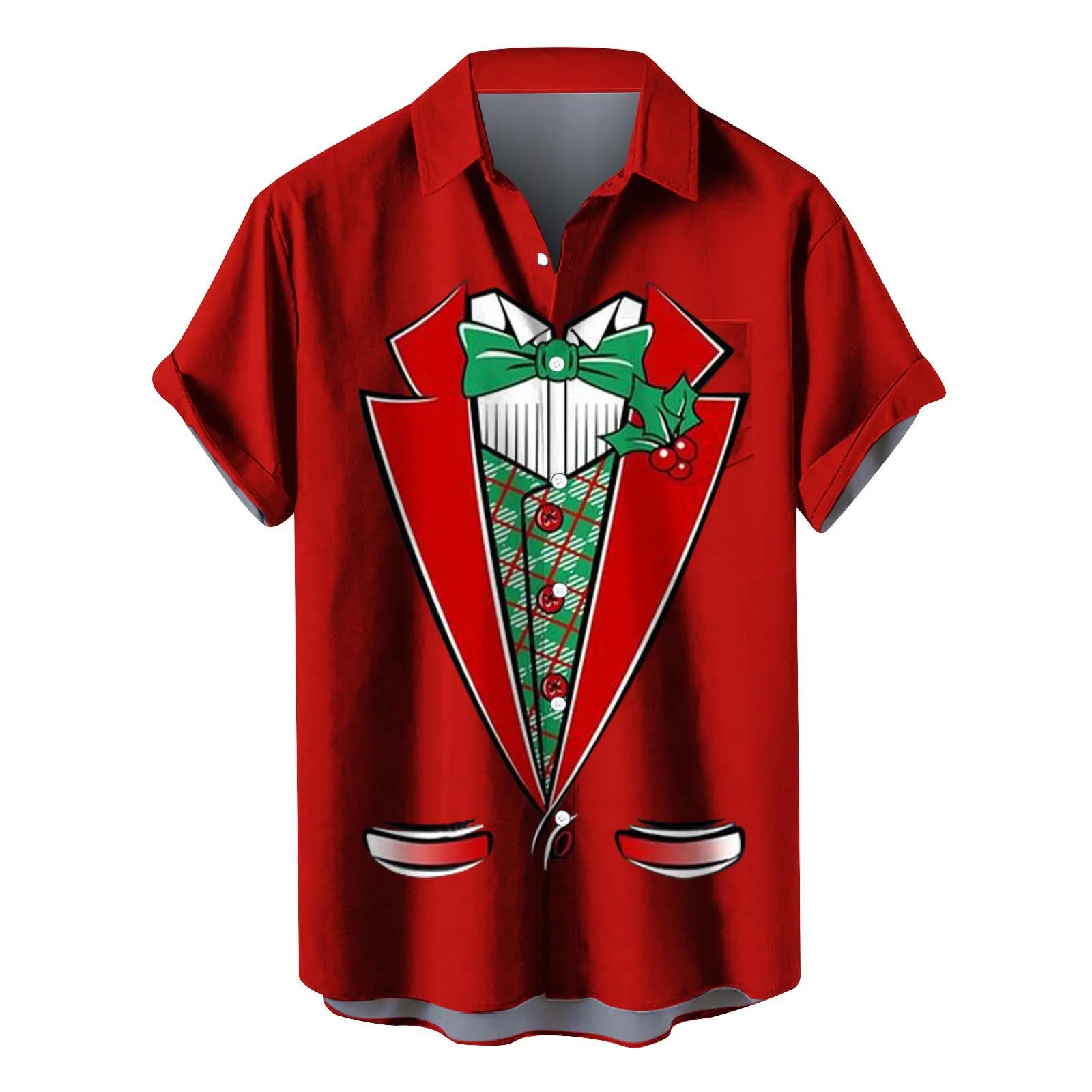 2025 Nuova camicia da uomo a maniche corte allentata con stampa digitale 3D con papillon a blocchi di colore transfrontalieri di Babbo Natale