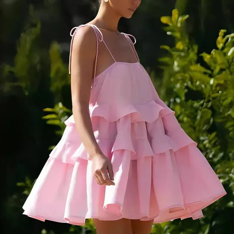 

Strap Dress 2025 Summer Multi layer Ruffle Cake Skirt Short Style Backless Strap Dress