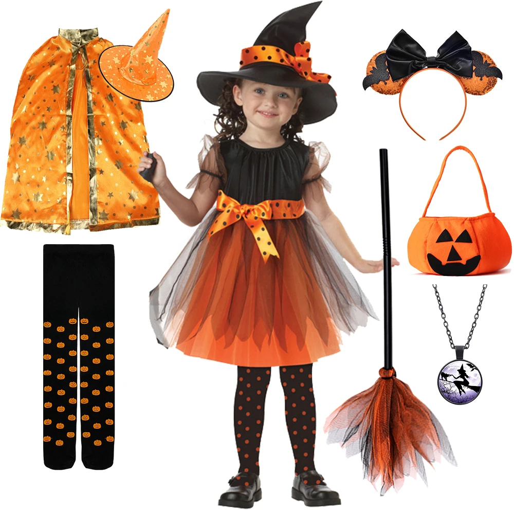 Halloween Girls Witch Cosplay Costume Carnival Party Orange Vampires Dress Up Witch Hat Tulle Broom Stage Performance Costume