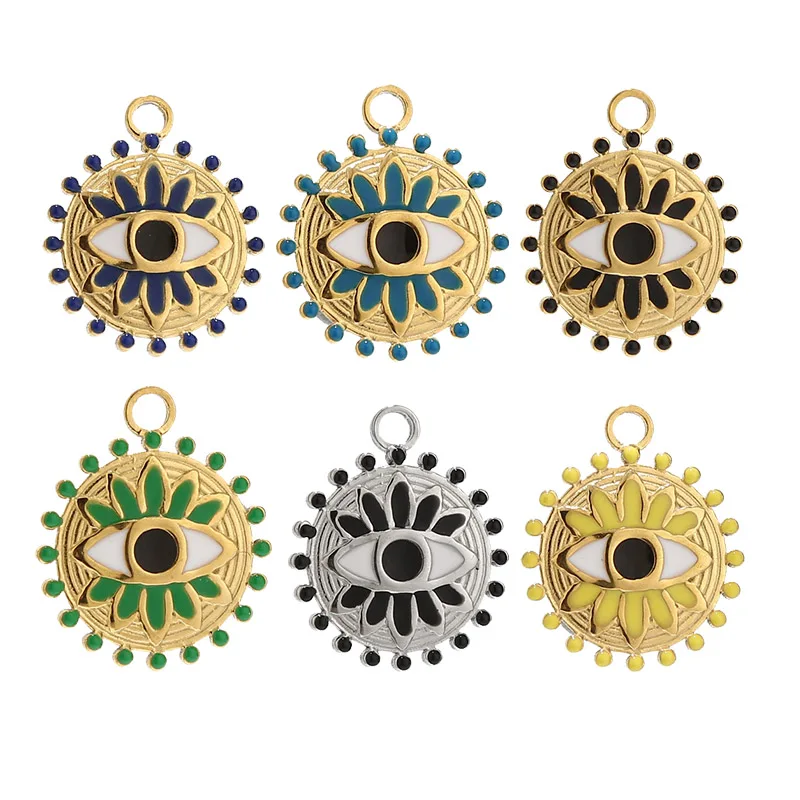 5pcs Stainless Steel Enamel Sun Charm Gold Turkey Eye Pendants for Jewelry Making DIY Crafts Wholesale