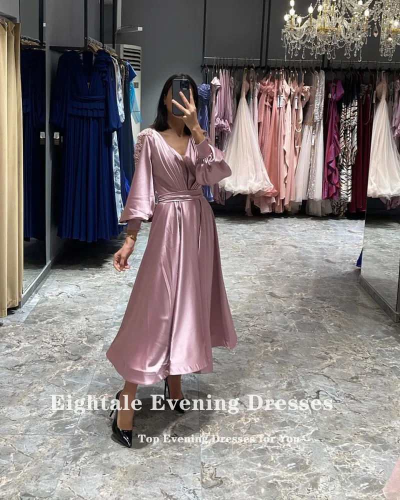 Eightale Short Evening Dress for Wedding Party V-Neck Appliques Satin Beaded Pearls Prom Gown Formal Customized vestido festa