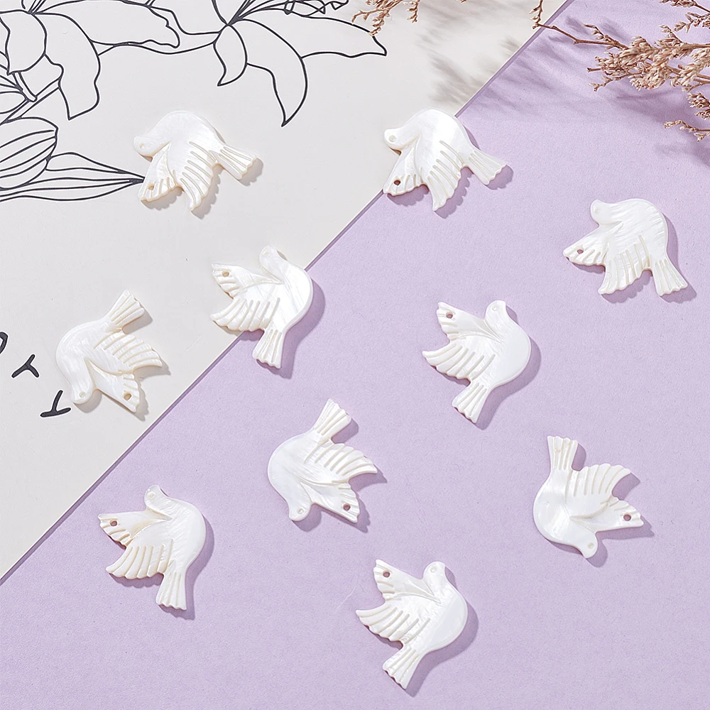 10 Pcs Shell Pendants Mother of Pearl Shell Carved Pigeon Charms White Flat Back Pearl Dove Charms Bulk for Jewelry Making view 4