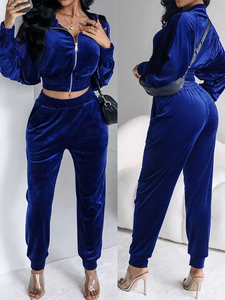 Stand Collar Zipper Design Velvet Coat &Cuffed Pants Tracksuit Set