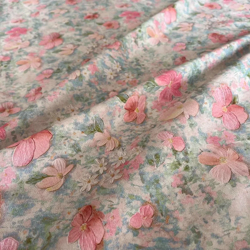 150x50cm Oil Painting Pink Floral Cotton 60s Poplin Sewing Cloth, for Digital Printing Dress Shirt Fabric