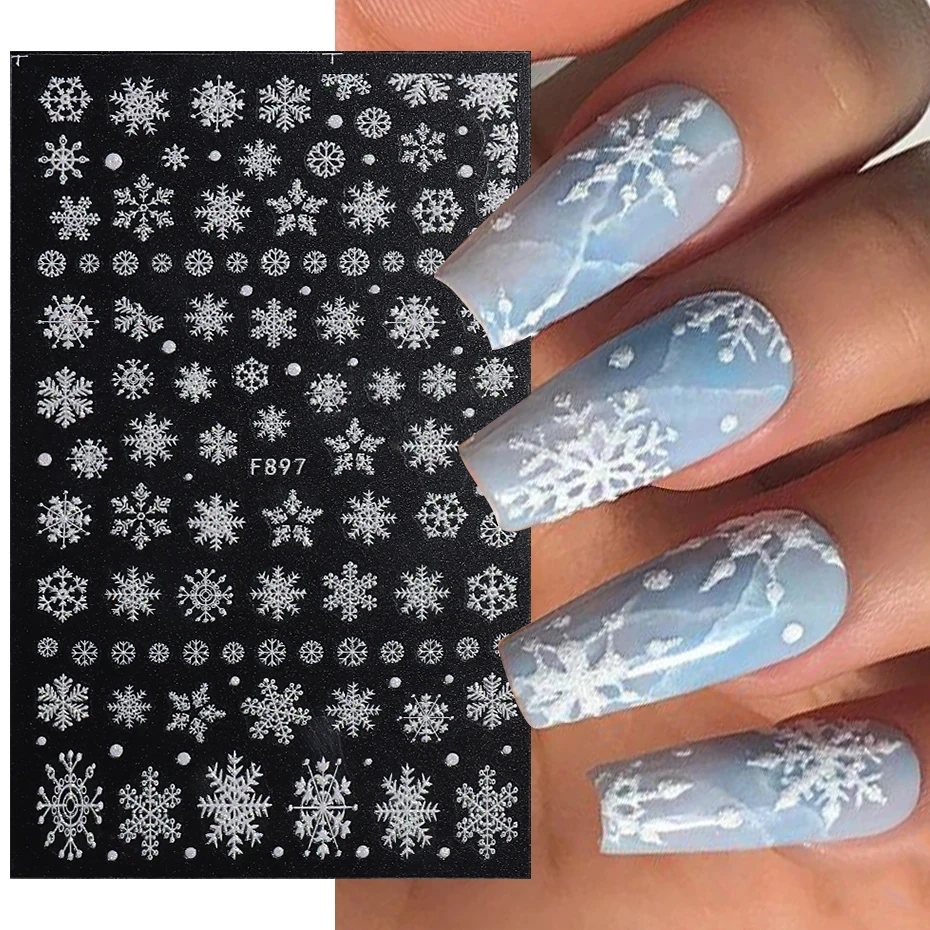 Shiny Glitter Snowflakes Nails Stickers Winter Snowy Flowers Shimmer 3D Manicure Sliders Christmas Festive Decals Nail Art F897