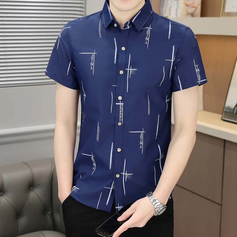 Men\'s Letter Striped Button Printing Short Sleeve Contrast Color Turn-down Collar Cardigan Shirt Summer Business Boyfriend Tops