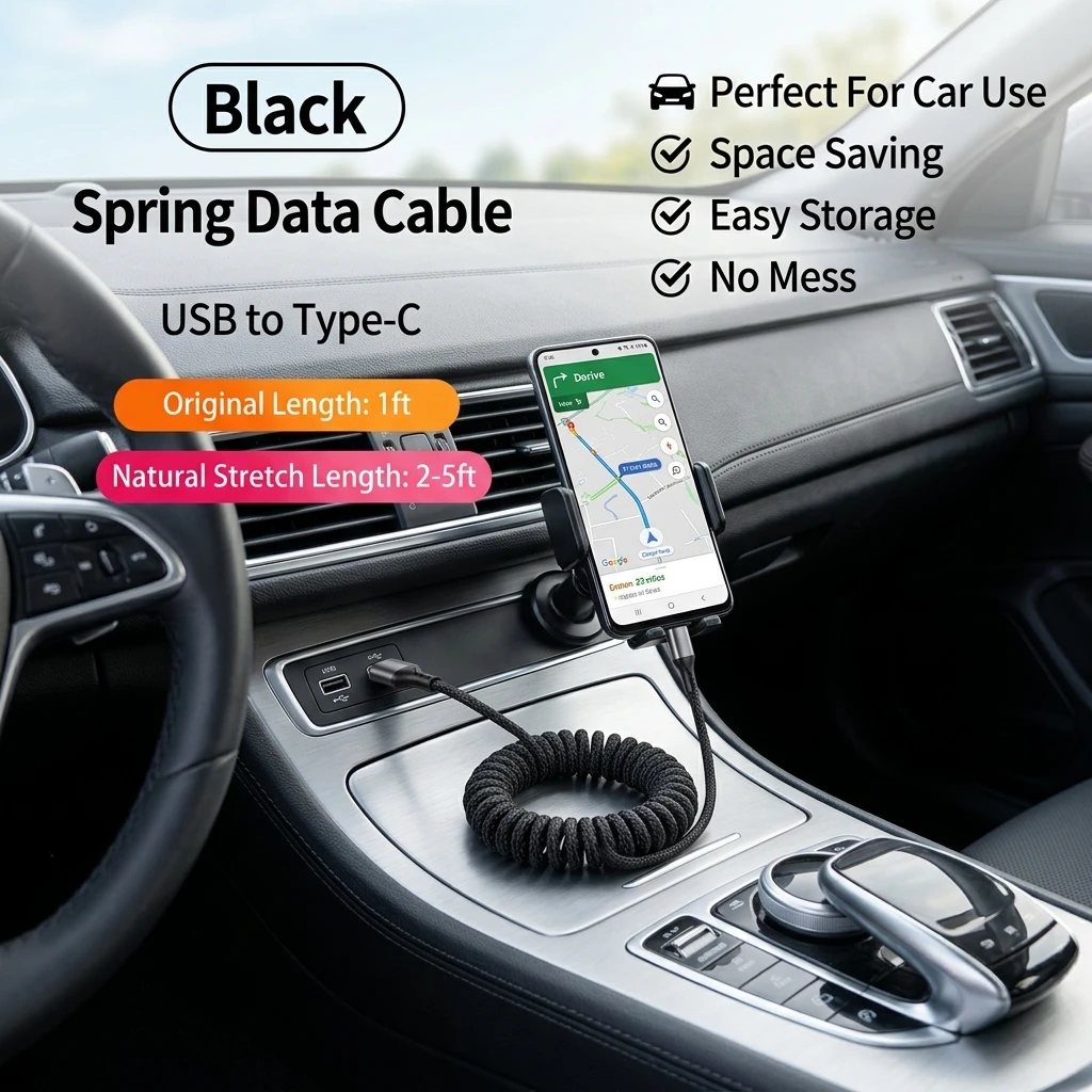 100W Fast Charging USB A Type C Spring Cable Retractable Car Charger Cable Nylon Braided Data Cord for iPhone Samsung Xiaomi