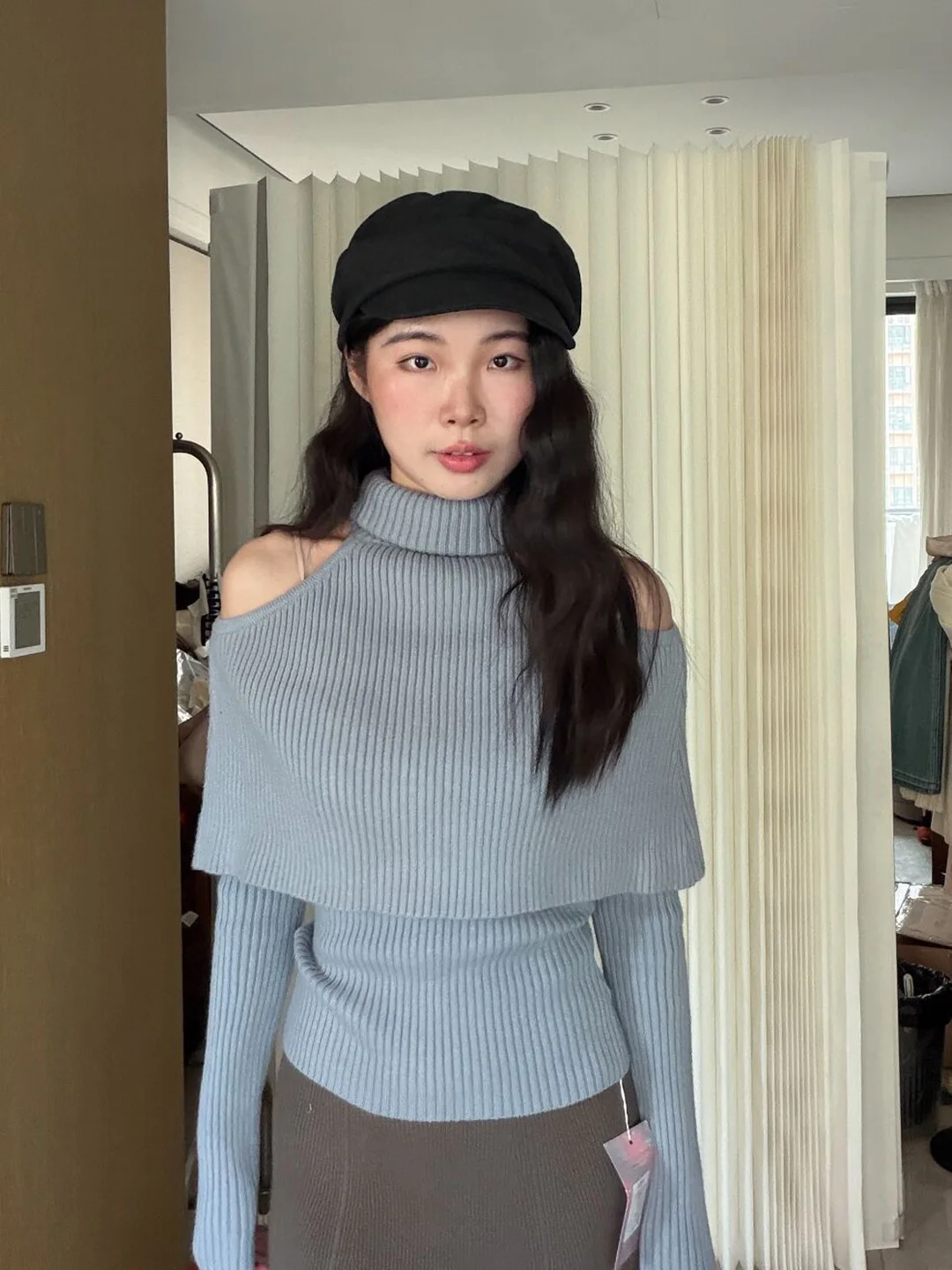 

Slimming Knitted Two-Piece Set oulder Bared High Collar Women's Faion Casual Sle Double-Sided Knit Long Sve Winter