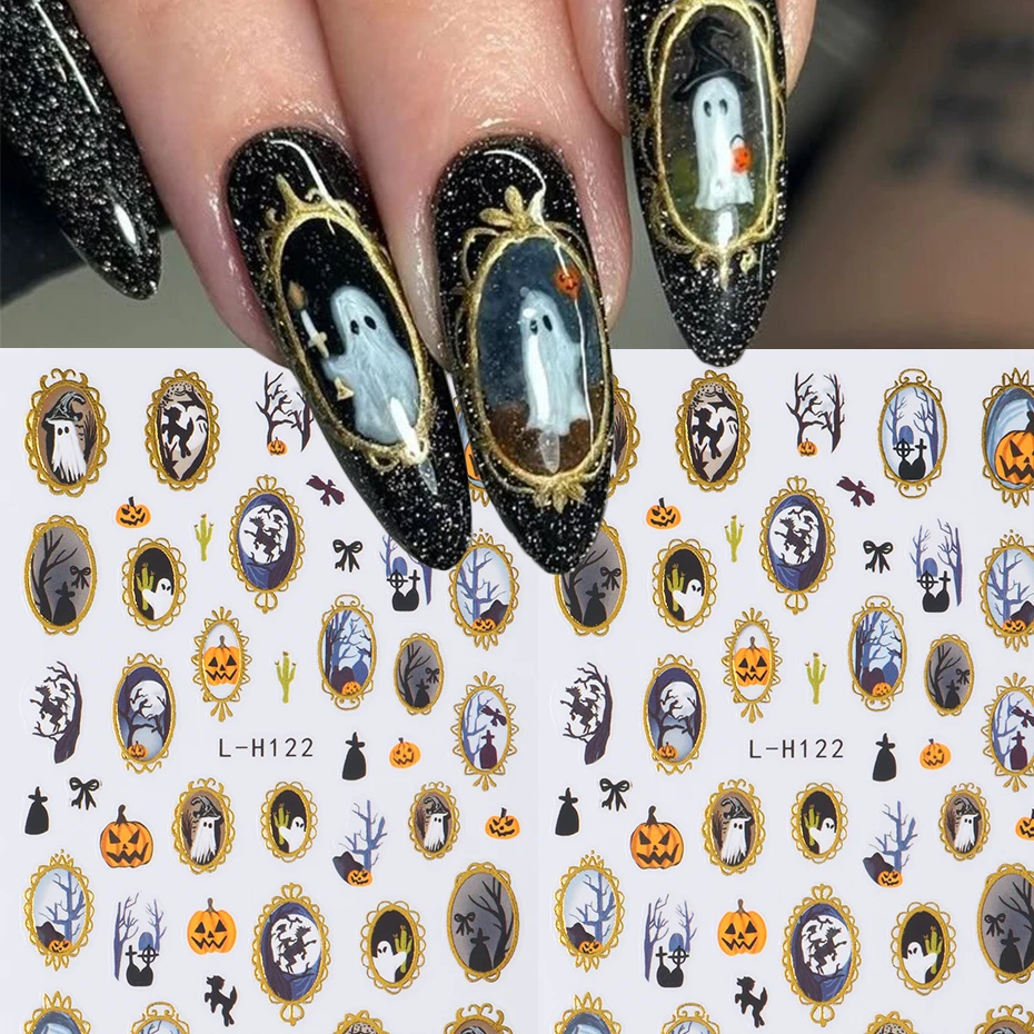 Halloween Oil Metal Nail Stickers Ghosts, Pumpkins, Little Devils Design Self-Adhesive 3D Nail Decals for Halloween Theme Nail