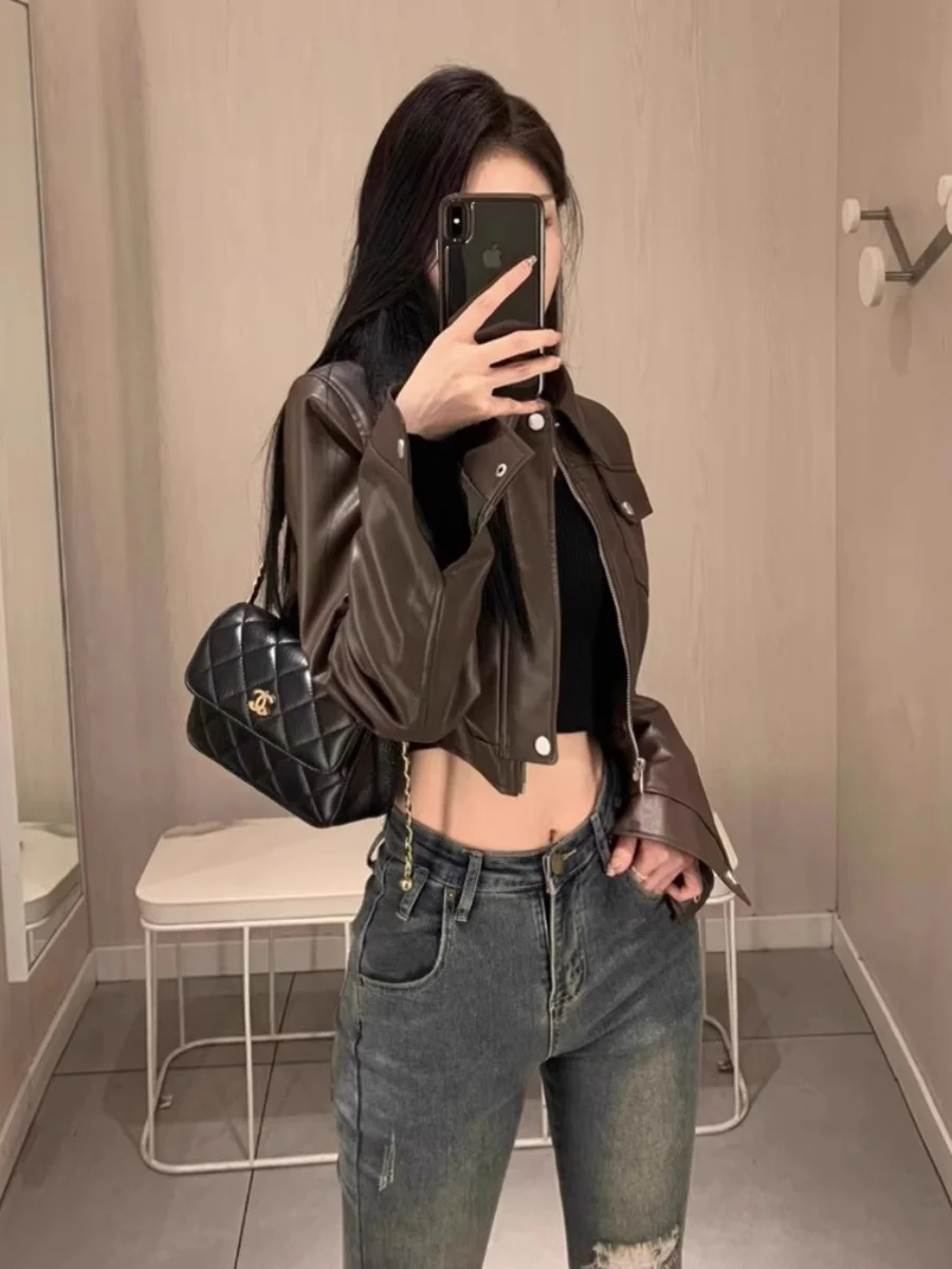 Brown ort PU Leather Jaet Women's Spring Autumn 2024 New Sle High-End Feelings Motorcycle Workwear Faion Outerwear
