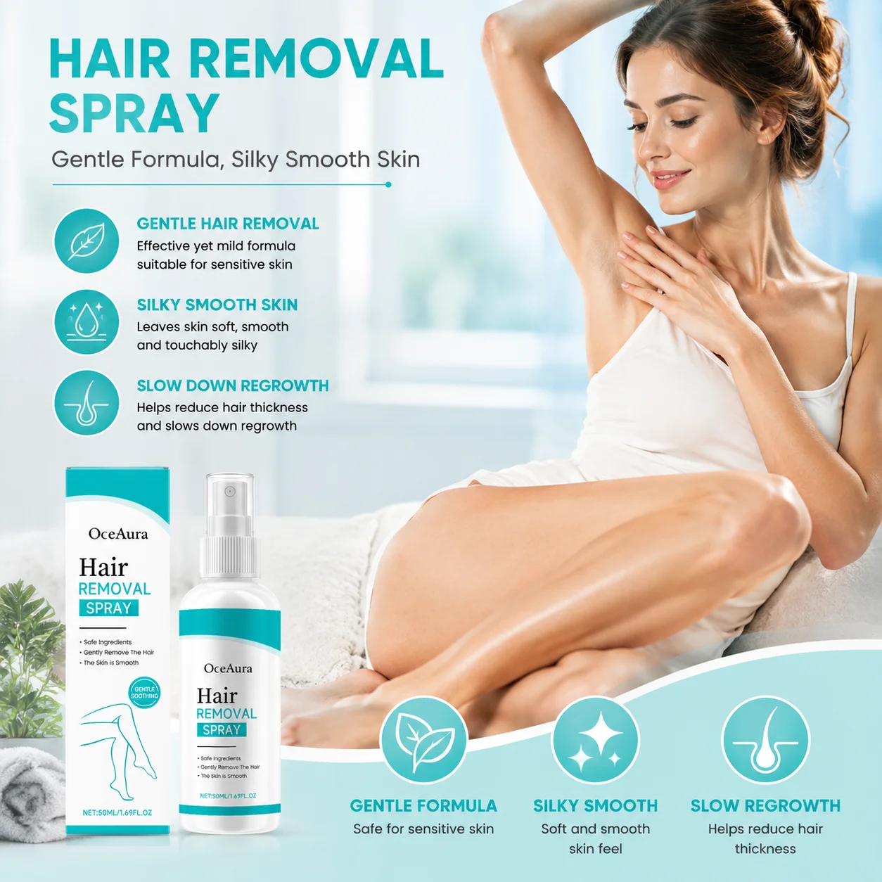 OceAura Hair Removal Spray for Woman & Man Painless Flawless Sensitive Skin Care Intimate Leg Arm Armpit Depilatory Spray 50ml