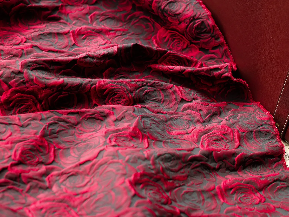 Embossed Dark Red 3D Rose Jacquard Yarn Dyed Fabric for Women\'s Dress Suit Bag Diy Sewing 45cmx160cm