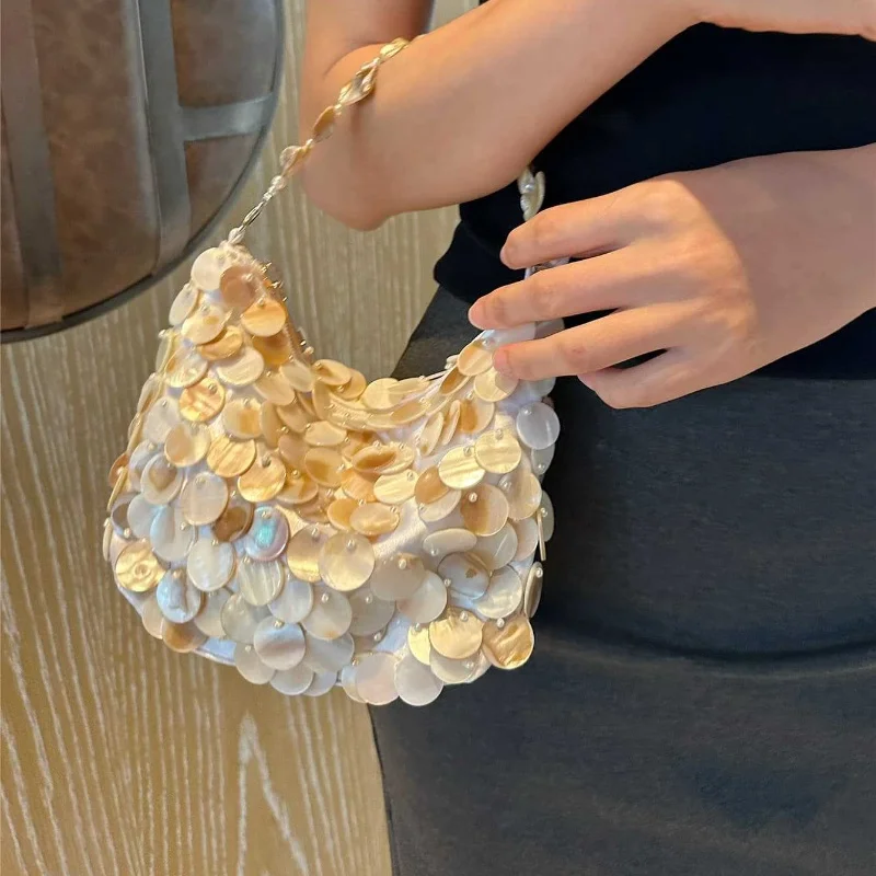 

Luxury Sequin Internal Chain Crossbody Shoulder Bag Shell Wooden Circular Handle Handbag,Women Beach Travel Tote Bag