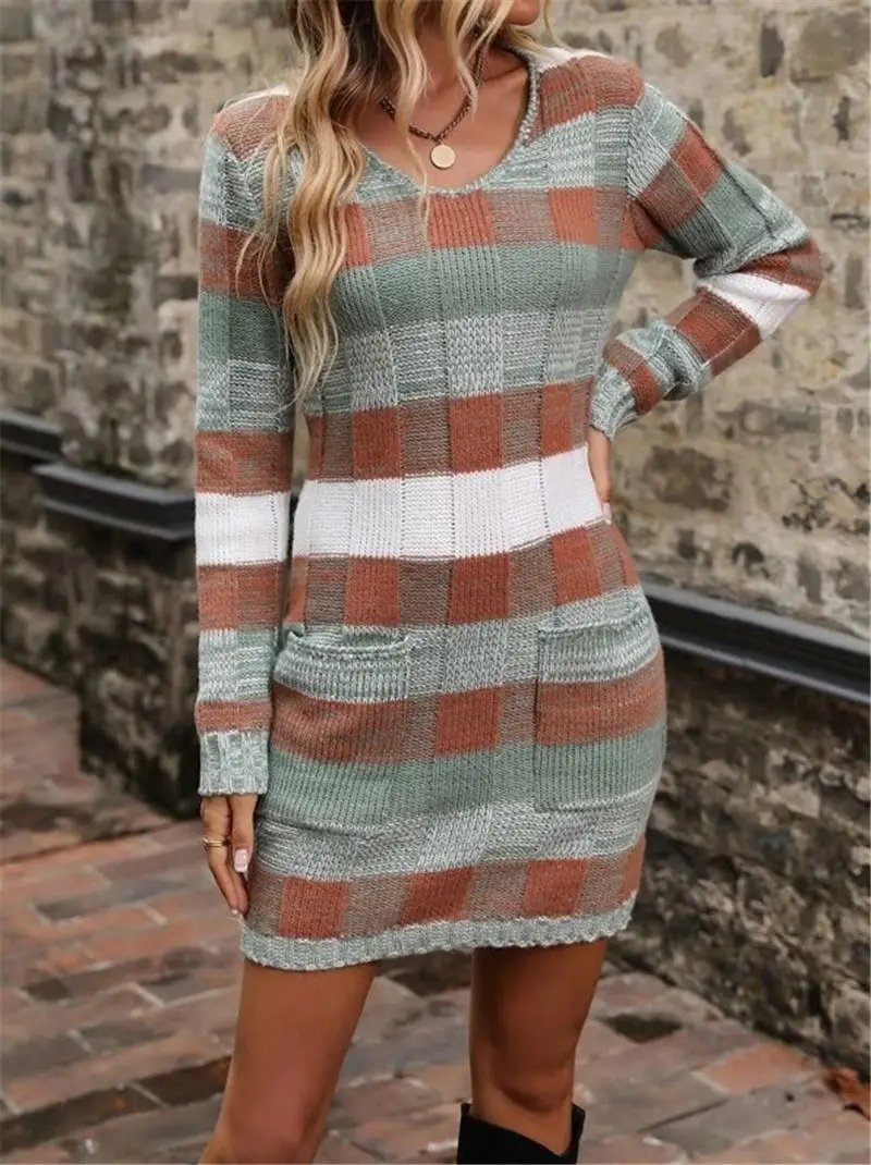 Autumn Winter V-neck Double Pocket Jumper Knit Sweater Dress Women High Waist Slim Mini Dress Sexy Pullovers Bodycon Dresses