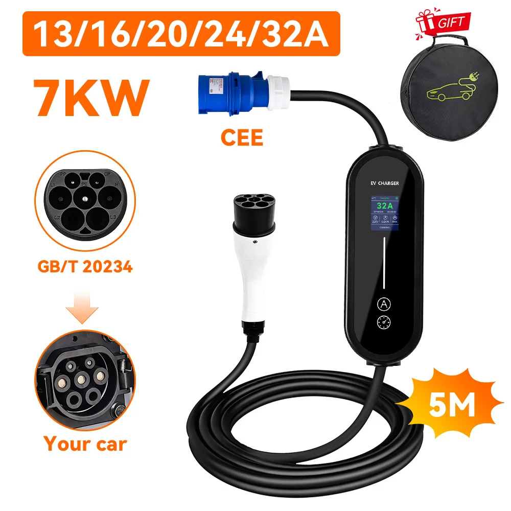 

VODEXEV 7KW 1Phase Portable EV Charger GBT Charger 32A Adjustable Current Charger for Electric Car Adjustable Charging Time