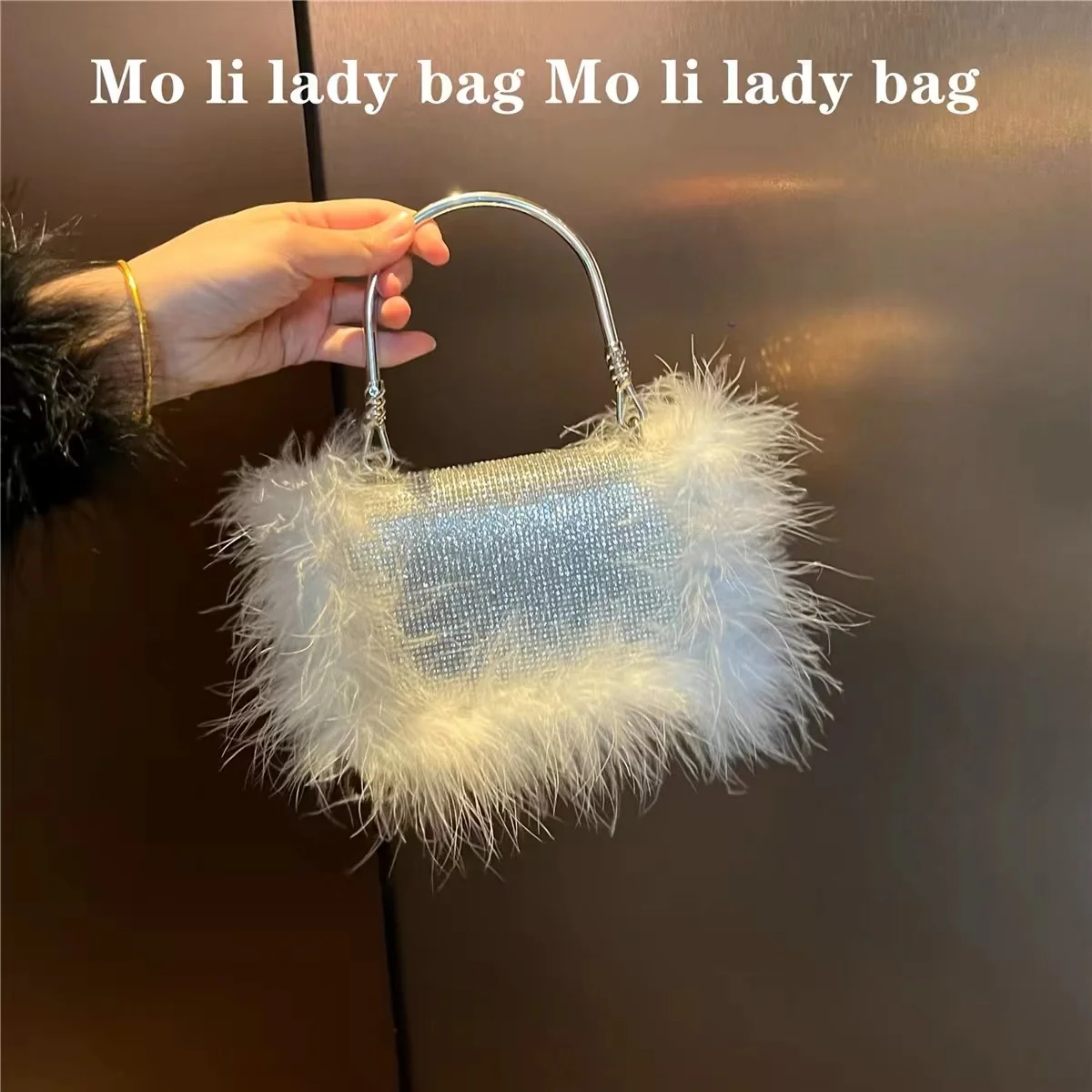 Luxury Ostrich Hair Glitter Square Bag Women Elegant Handbag Shiny Diamonds Evening Bag Dinner Party Clutch Purse Crossbody Bag