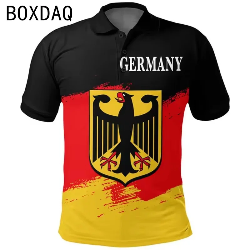 

Рубашка поло с принтом флага Германии, мужская футболка с 3D узором национального герба, большие размеры, мужская летняя рубашка поло с коротким рукавом и лацканами, повседневная рубашка поло