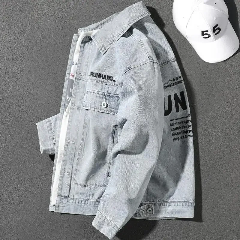 Men's Denim Jacket Gray Autumn Wide Shoulders Fashion Male Jean Coats with Embroidery Print Japanese Y2k Clothing Big Size Joker