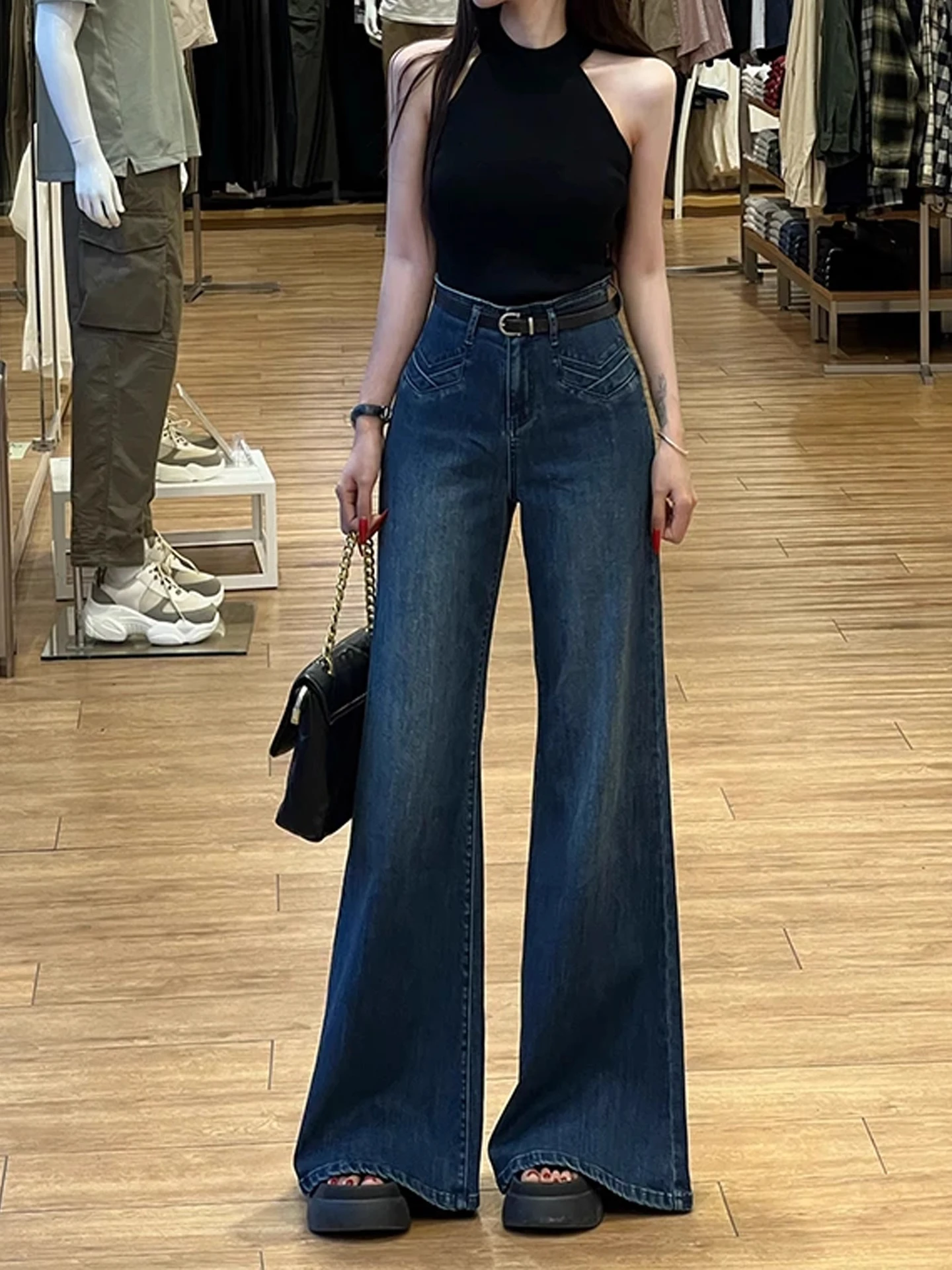 

Темно-синие расклешенные джинсы, женские свободные широкие брюки больших размеров для грушевого тела, повседневные брюки в стиле ретро с высокой талией