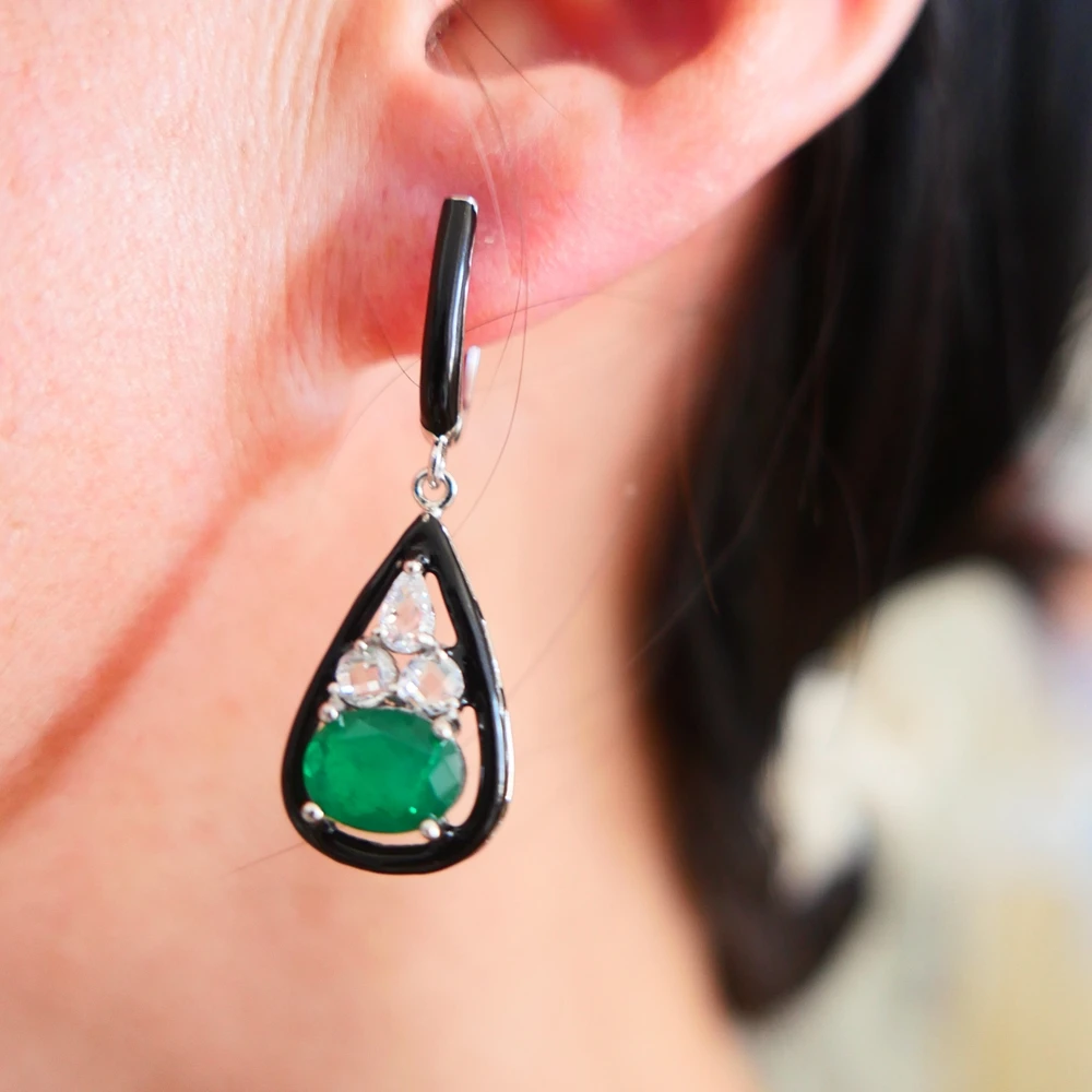 

KQDANCE Hand Craft 925 Sterling Silver Black Enamel TearDrop Lab Sapphire Blue Emerald Green Ruby Red Stones Earrings Jewelry
