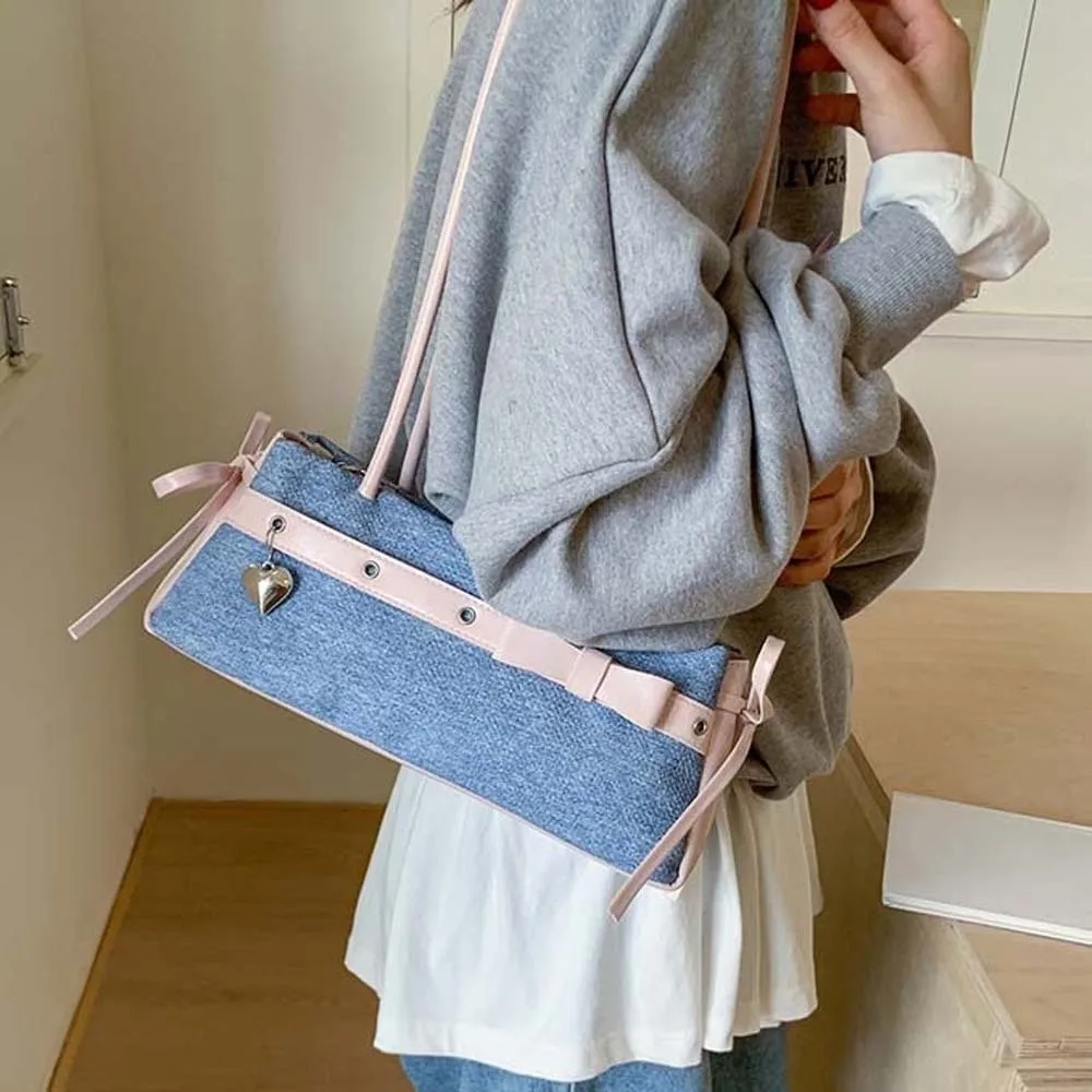 

All-match Sweet French Stick Handbag Ribbon Contrast Color Bow PU Shoulder Bag Blue Large Capacity Denim Underarm Bags Daily