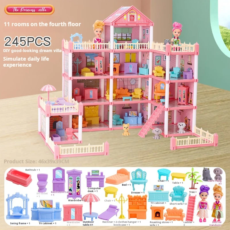 3D DIY Dream Princess Castle Villa Assembly Doll House Set Toy Girl Family Toy Children\'s Music Doll House Assembly Villa House