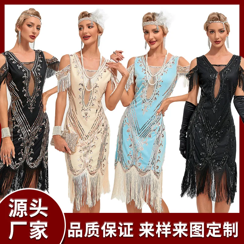 1920S Retro Prom Embroidered Tassel Dress Great Gatsby Flapper Cocktail Party Large Wedding Sequin Beaded Mesh Dress