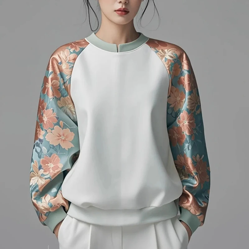 Chinesischen Stil Gedruckt Patchwork frauen Frühling Herbst Stil Oansatz Pullover Top