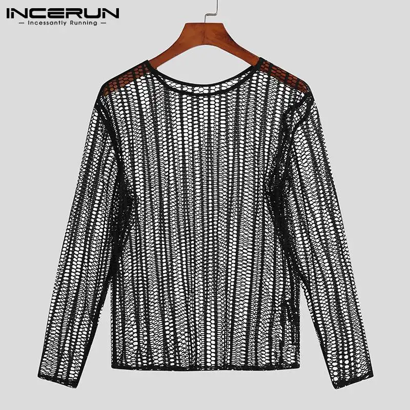 INCERUN Men Mesh T Shirt Transparent Sexy 2023 O-neck Long Sleeve Men Clothing Streetwear Solid Party Nightclub Camisetas S-5XL