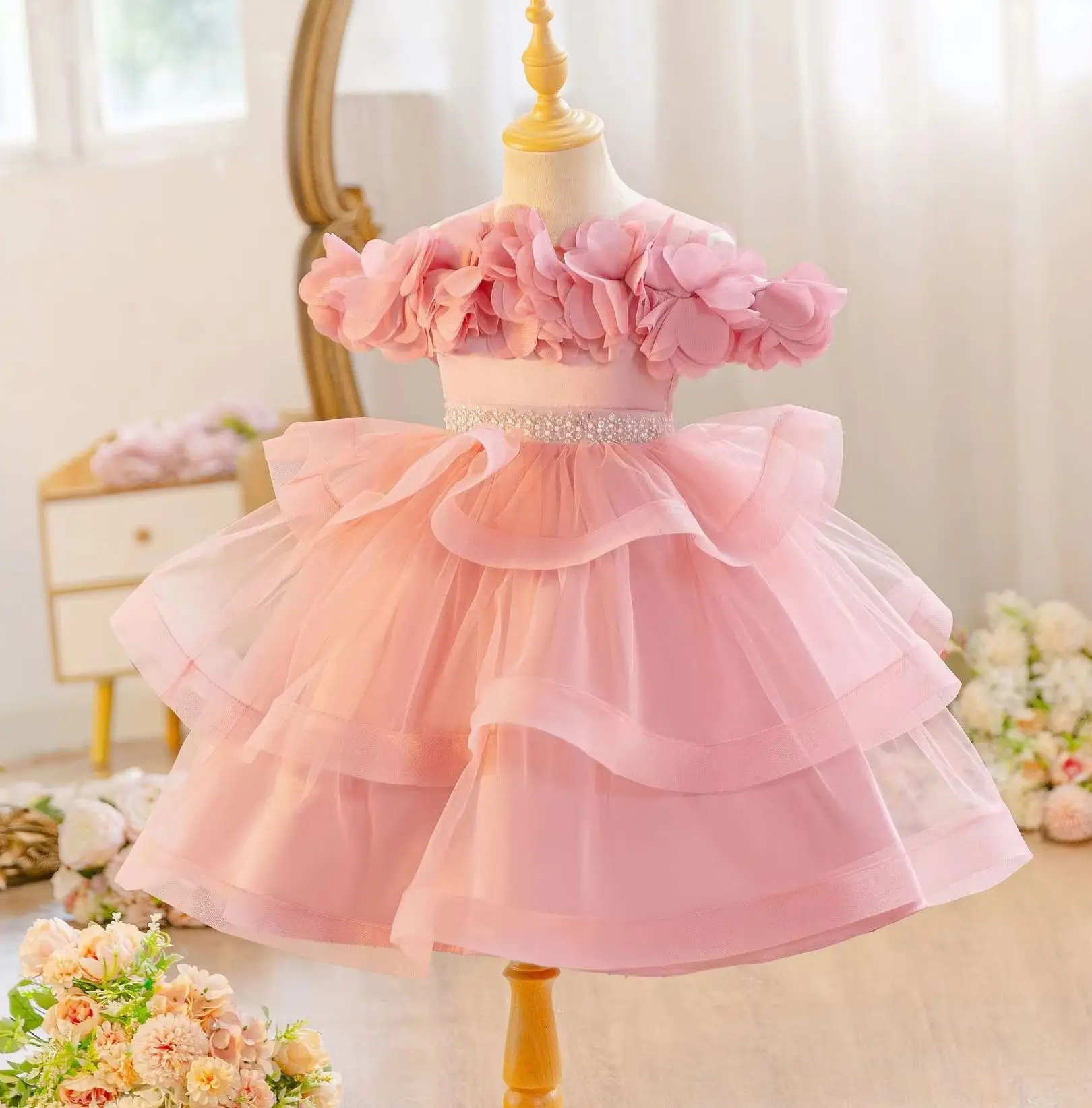 Kids Layered Birthday Dress for Girls Sequin Ball Gown Party Dress Child Christmas Clothes Baby Girl's Special Occasion Outfit