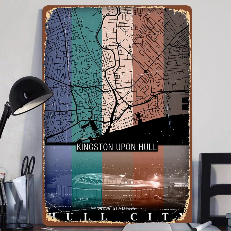 Hull City FC Metal Wall Art MKM Stadium Kingston Upon Hull Map Decor for Football Fans Home Decorations