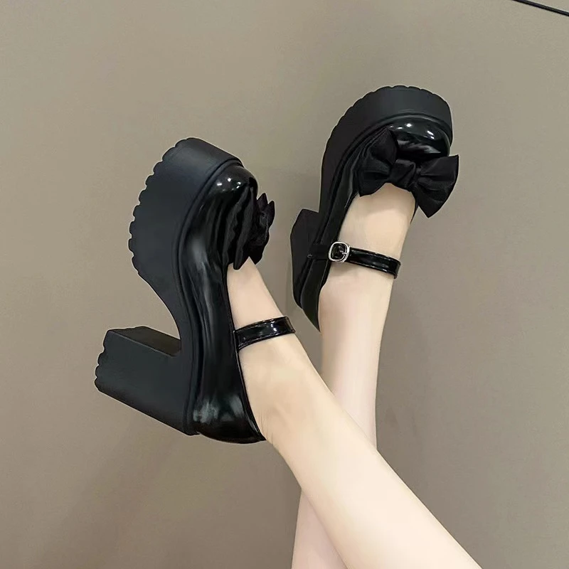 2024 Shoes Female Mary Janes Women\'s High Heels Platform Dress Pump Women Bow Tie Buckle Strap Round Toe Chunky Heel Shoes Women