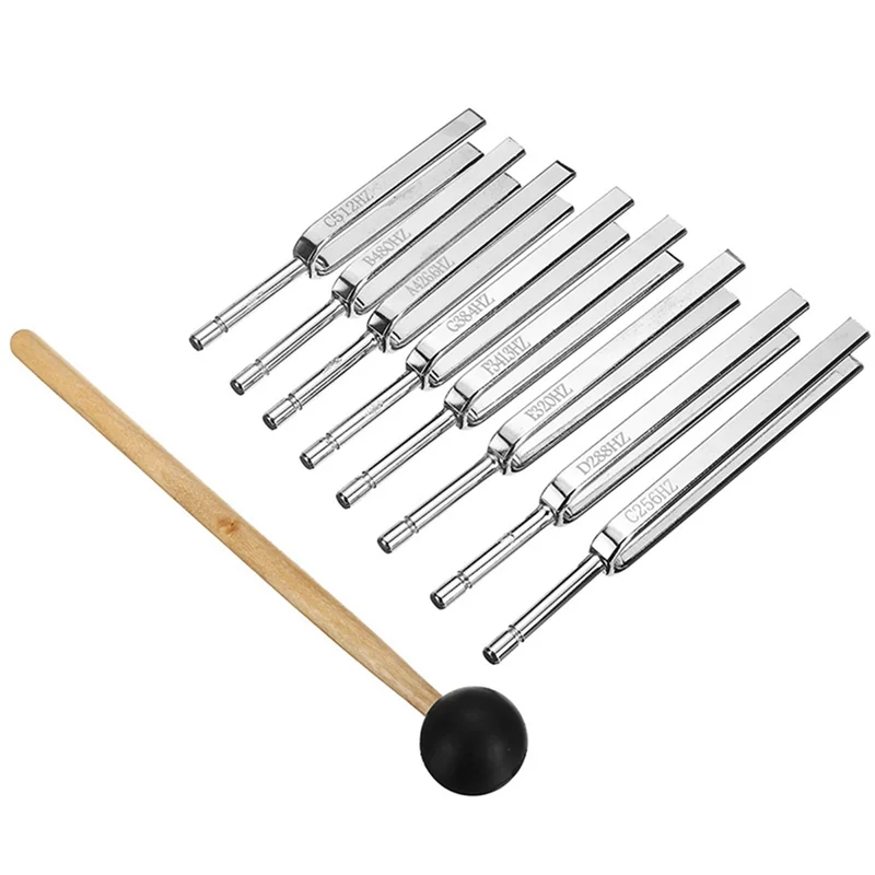 Juego de horquilla de afinación de acero, herramientas de terapia de vibración de mazo, 256-512HZ, 8 paquetes