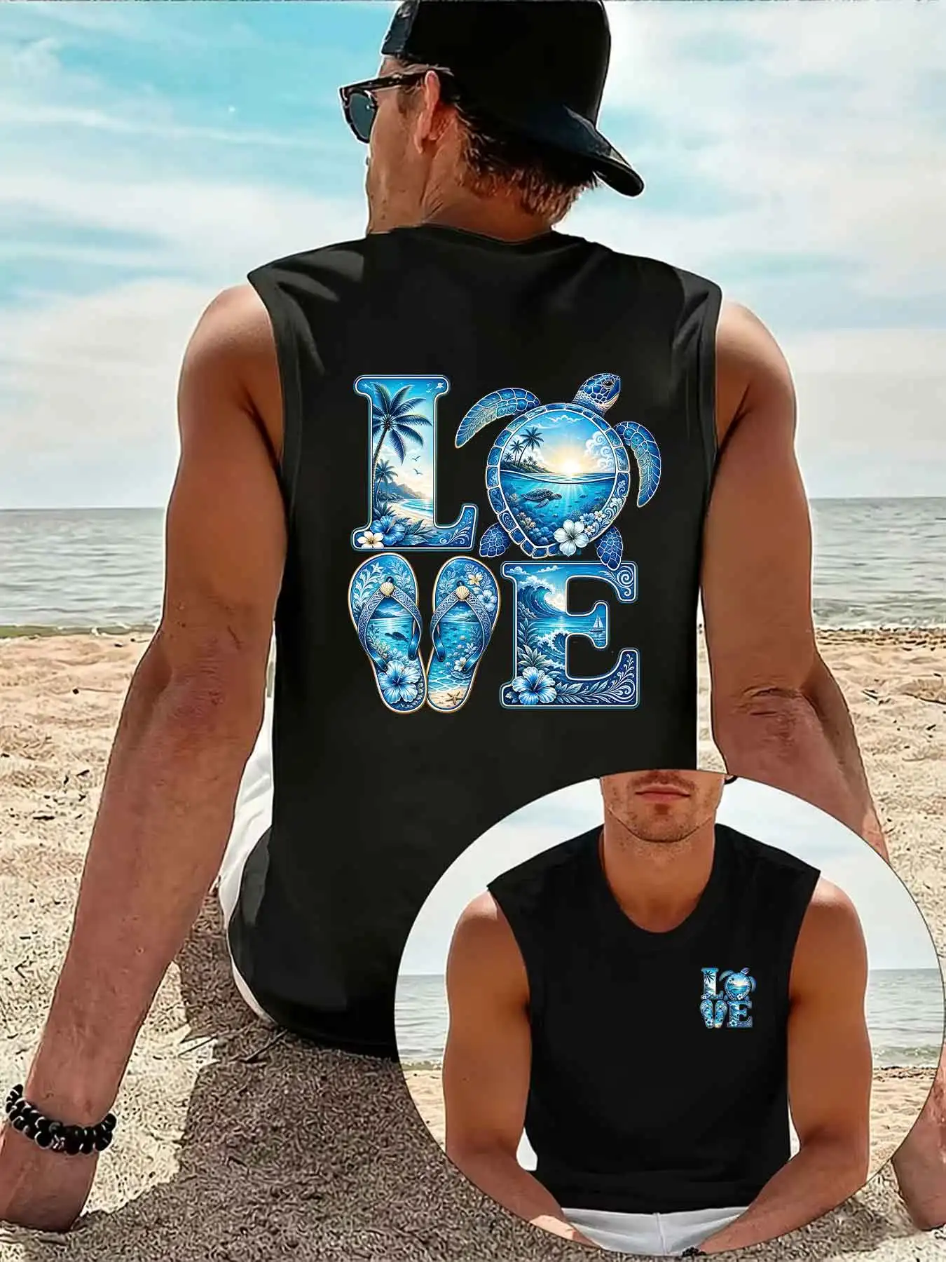 Beach Vacation Men SleevelessTank LOVE Sea Turtle Tropical Palm Wave Flip Flops Graphic Vest Loose Summer Workout Sleeveless Top