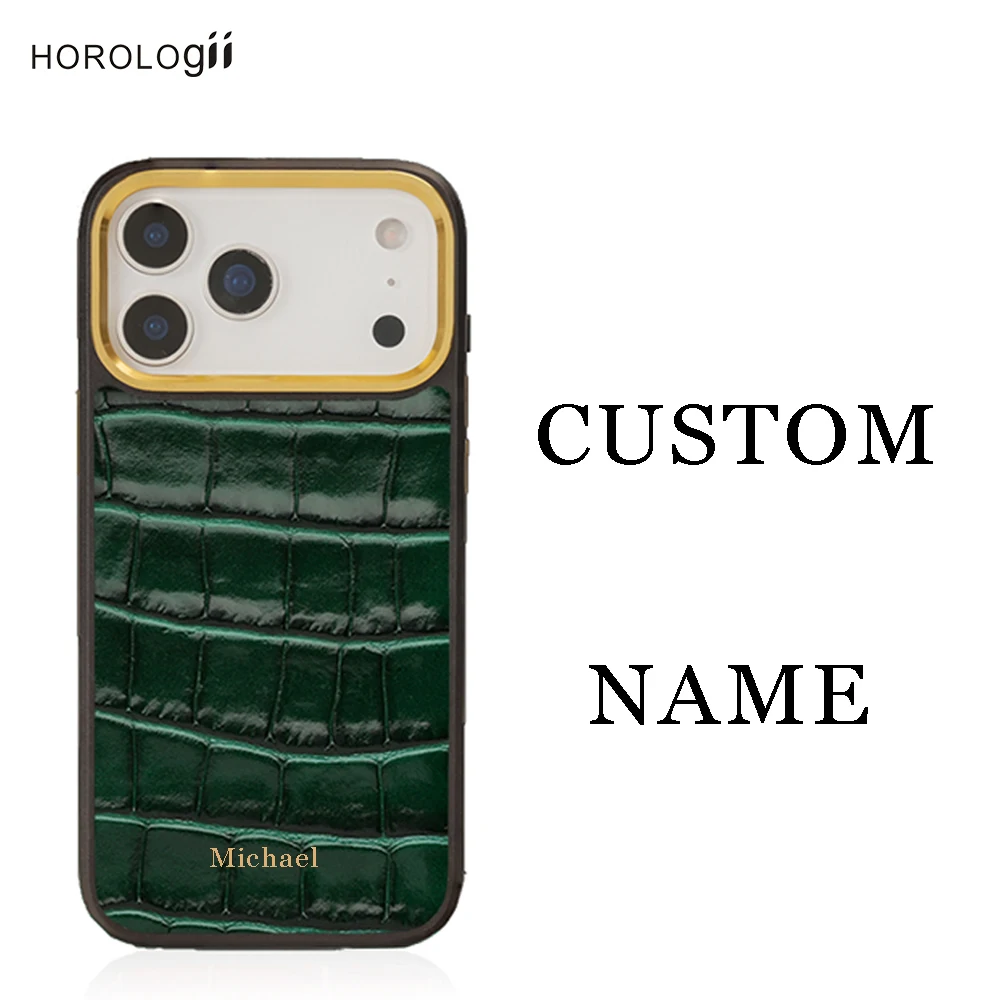 

Personalized Name Crocodile Pattern Italian Leather Phone Cover for Iphone 17 Pro Max Case Gift Friend and Round Magnet Inside
