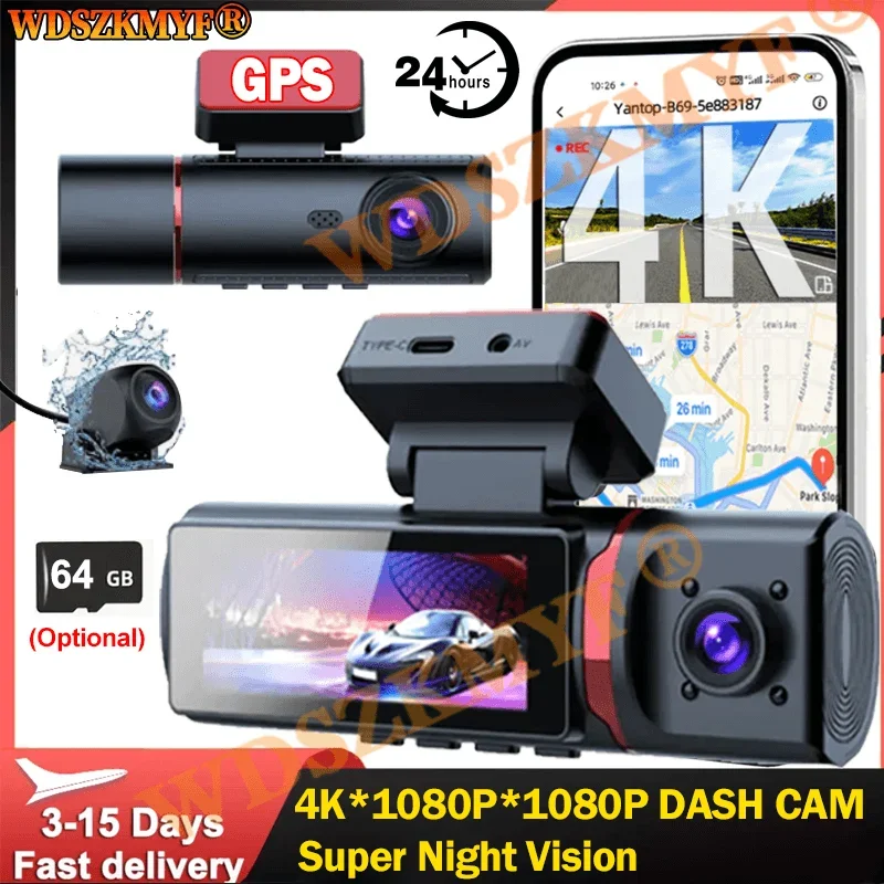 

3-канальный автомобильный видеорегистратор UHD 4K с 2 объективами внутри автомобиля, видеорегистратор, трехсторонняя камера, видеорегистратор, видеорегистратор, GPS-регистратор, видеокамера