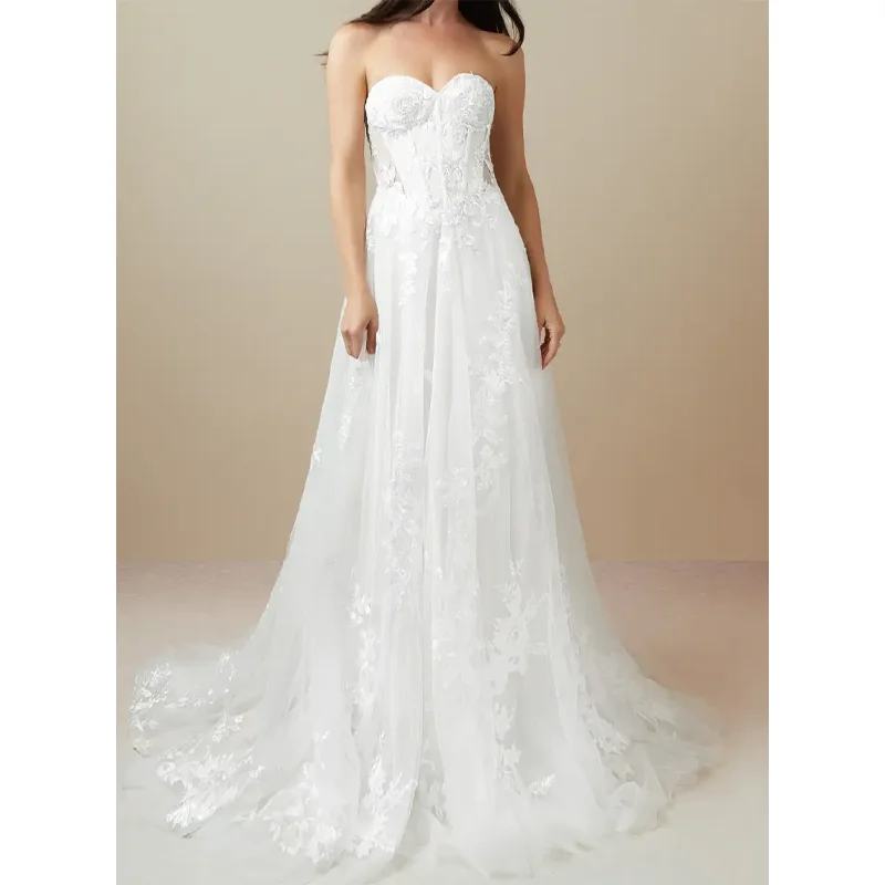 Women‘’s A Line White Wedding Dresses for Bride with Heart Neck Straps Sleeveless Bridal Gowns