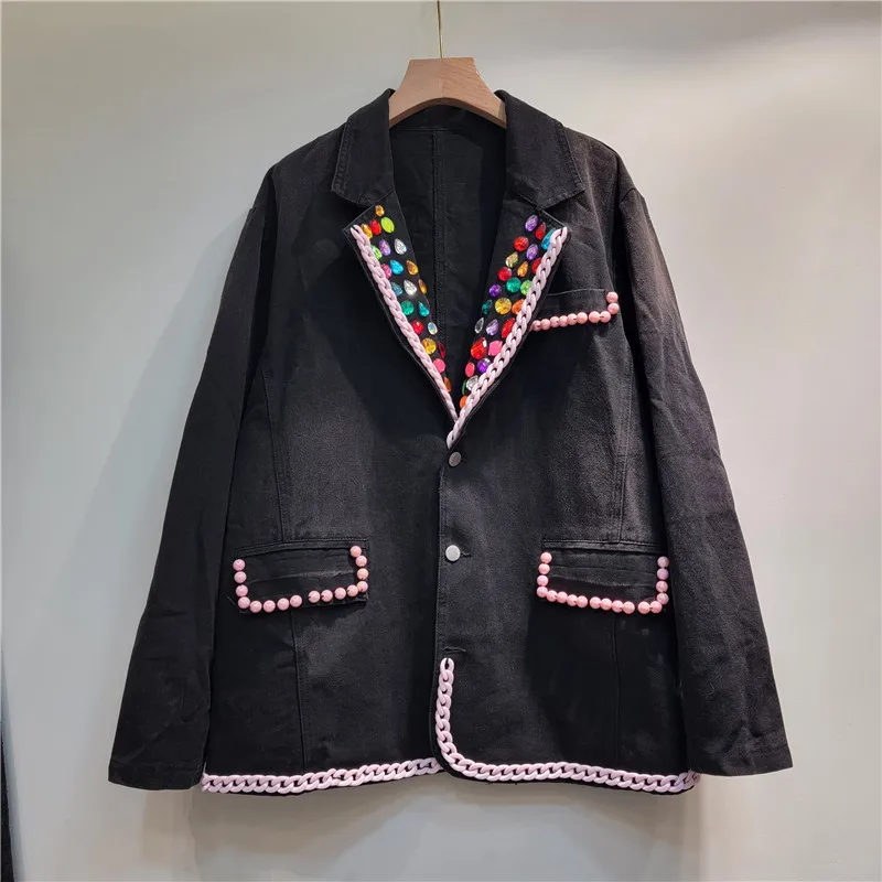 Chaqueta vaquera con cuentas y diamantes para mujer, blazer informal de manga larga con cuello con muescas, a la moda, primavera y otoño